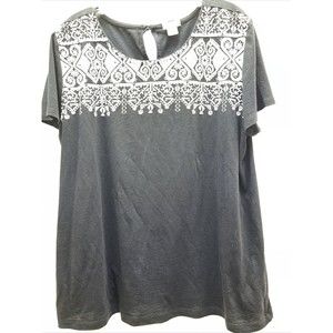 J.CREW Blouse Womens Med Blue Basic Embroidery Trimmed Round Neck Short Sleeves